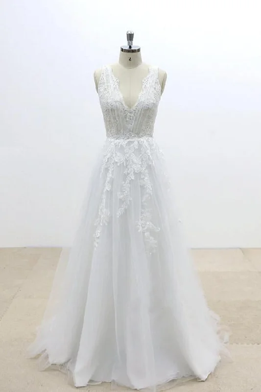 A Line V Neck Lace Appliqued Tulle Wedding Dress with V-Cut Back,Beach Wedding Dress M1405