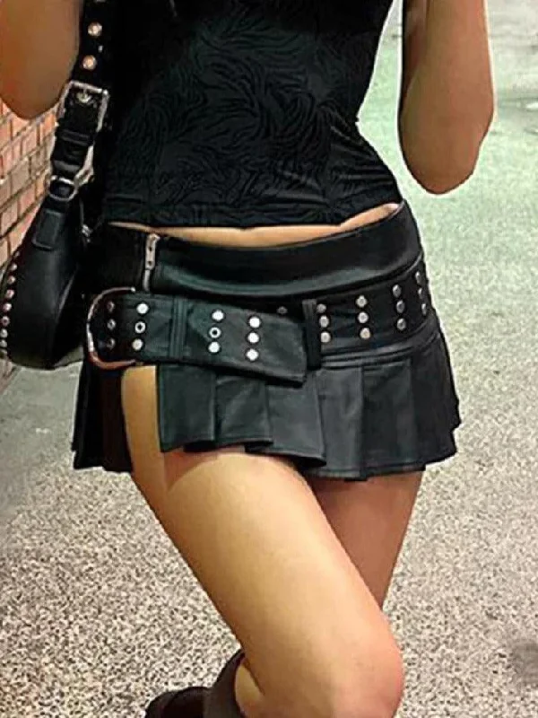 MegaBetty - Punk Rivet Belted Pleated Slit Leather Mini Skirt