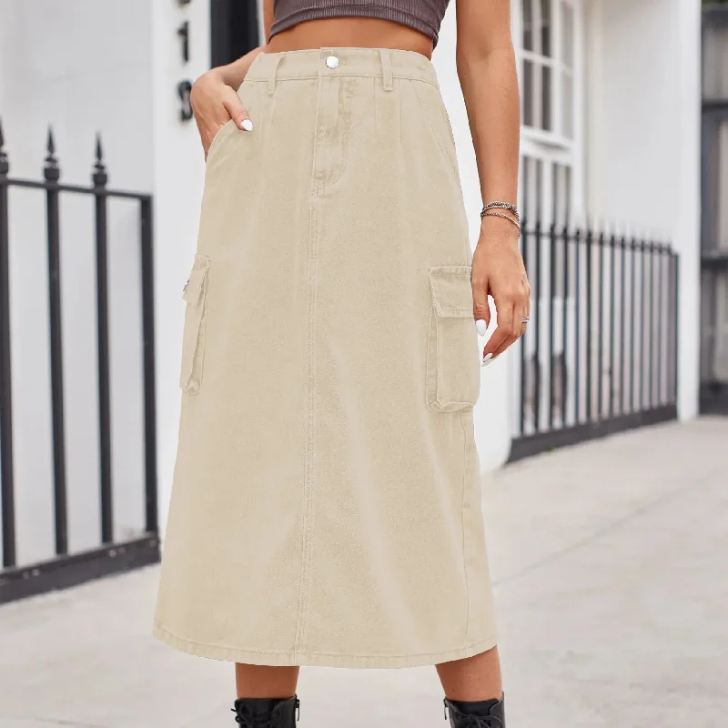 2024 Elegant Straight Denim High Waist Button Pockets Split Retro Maxi Skirt