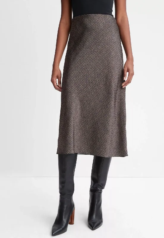 Houndstooth Bias Slip Skirt - Black/Camel