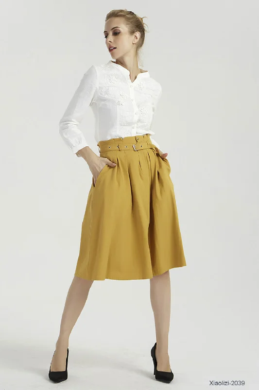 knee length yellow linen skirt, summer short skirt 2039#