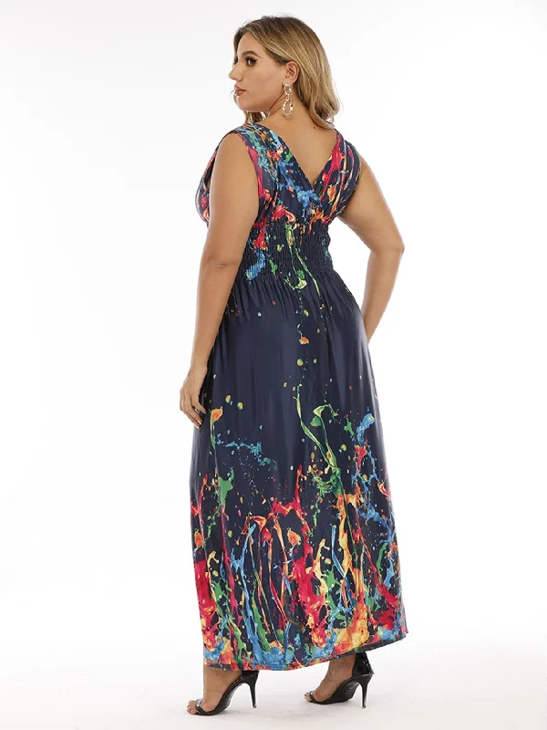 KittenAlarm - Plus Size Double V-neck Print Smocked Waist Maxi Dress