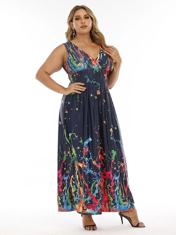 KittenAlarm - Plus Size Double V-neck Print Smocked Waist Maxi Dress