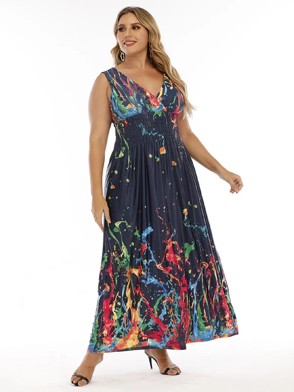 KittenAlarm - Plus Size Double V-neck Print Smocked Waist Maxi Dress