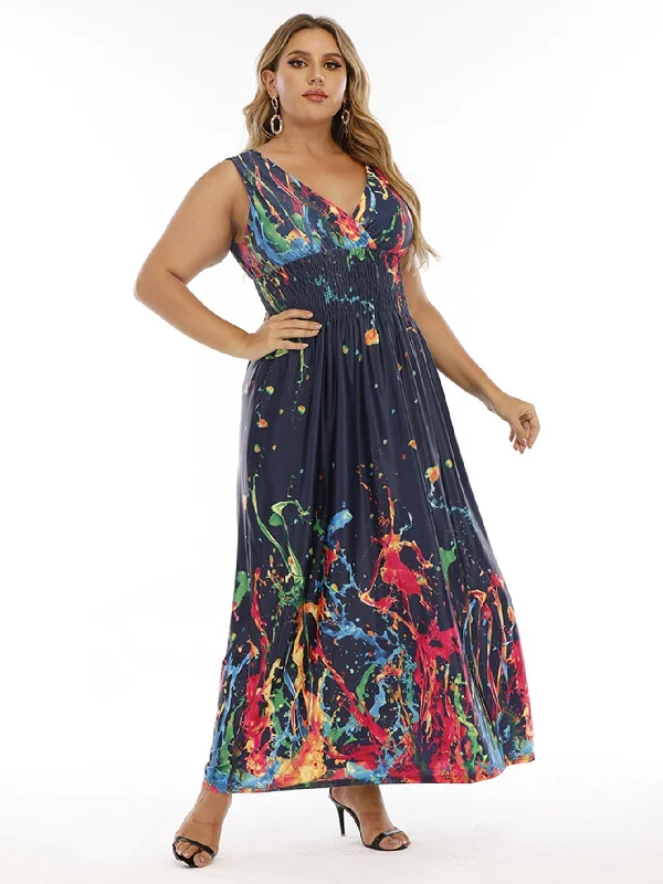 KittenAlarm - Plus Size Double V-neck Print Smocked Waist Maxi Dress