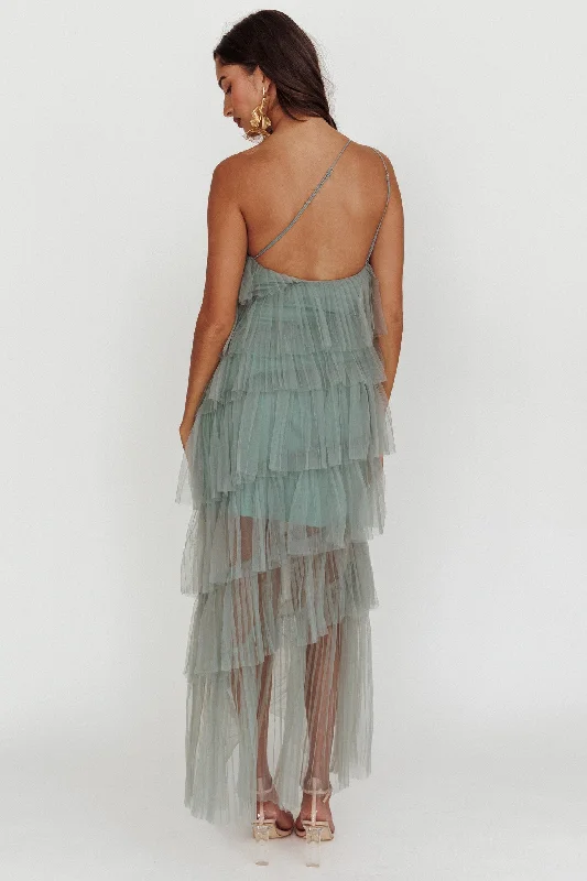 Arrabel Tiered Ruffle Tulle Maxi Dress Sage