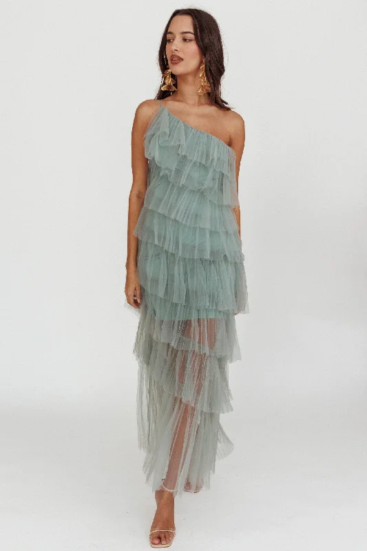 Arrabel Tiered Ruffle Tulle Maxi Dress Sage