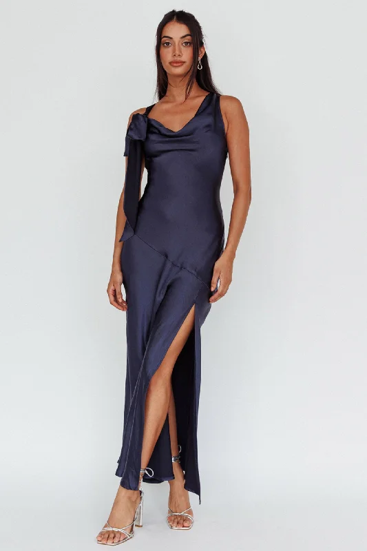 Averie Bow Shoulder Split Midi Dress Navy