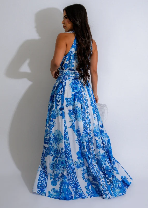 Azure Porcelain Collared Maxi Dress Blue