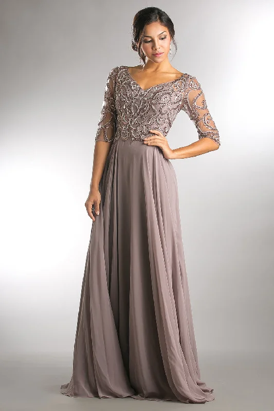 Beaded 3/4 Sleeve V-Neck Chiffon Gown by Amelia Couture 7046