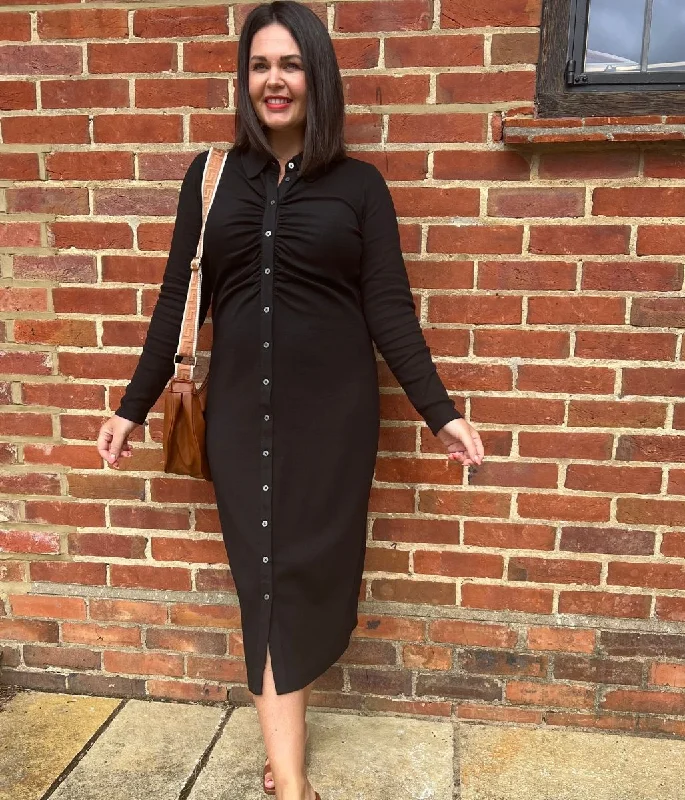 Black Buttoned Ribbed Midi Shirt Dress