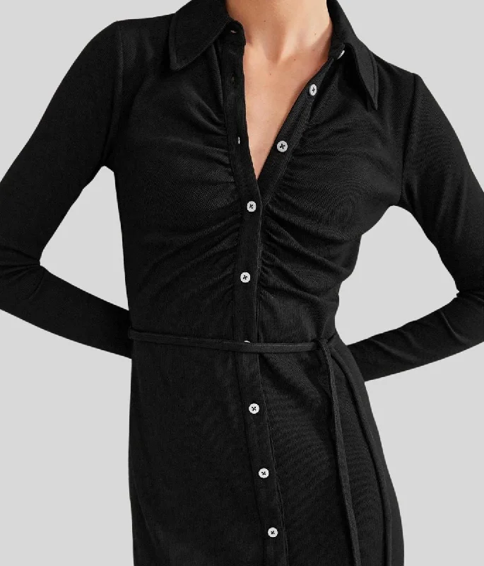 Black Buttoned Ribbed Midi Shirt Dress