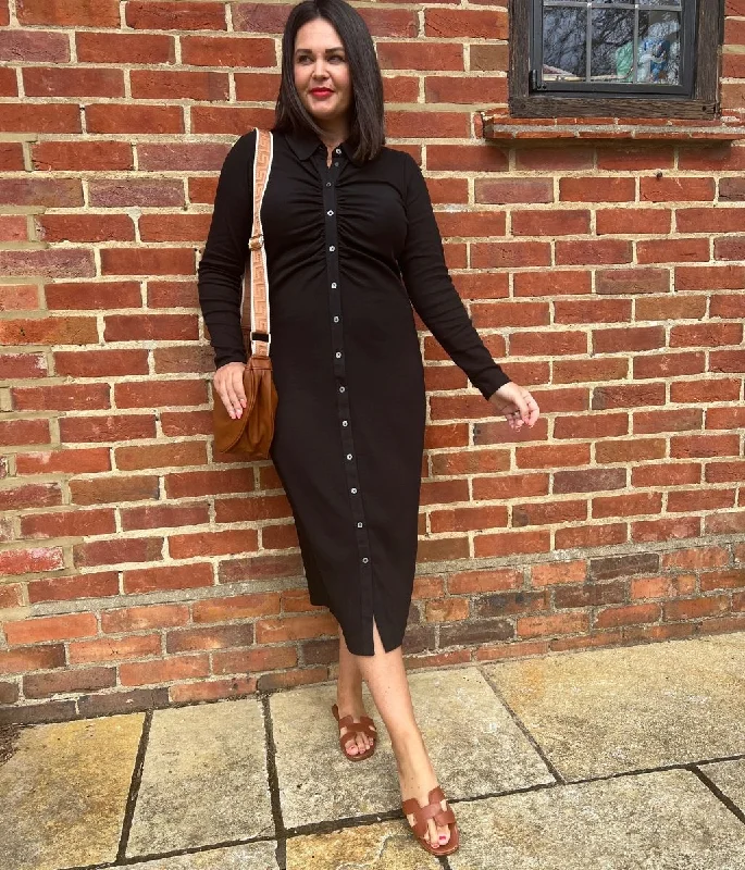 Black Buttoned Ribbed Midi Shirt Dress