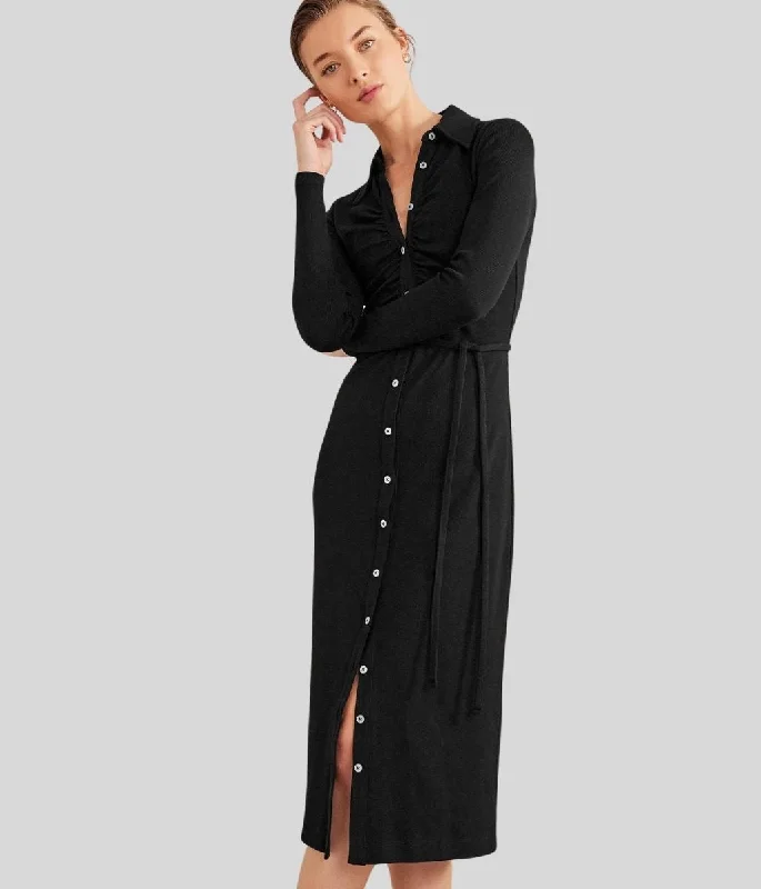 Black Buttoned Ribbed Midi Shirt Dress