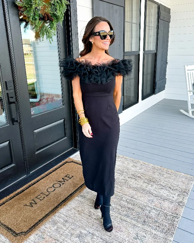 Black Off-The-Shoulder Midi Dress