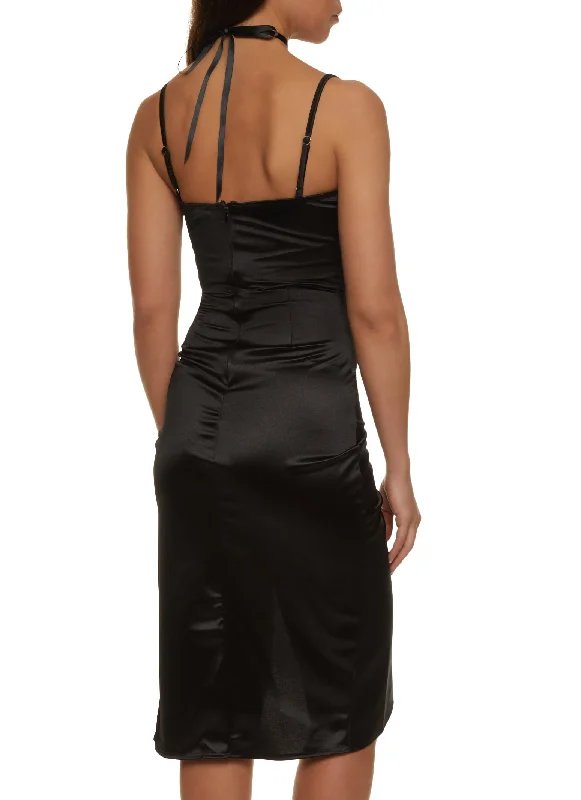 Satin Cowl Neck Asymmetric Hem Cami Dress