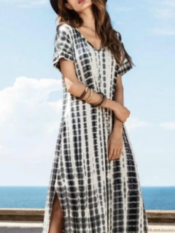 Casual Tie-dye Printed Slit V-neck Dress