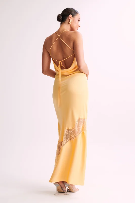 Chandra Lace Detail Satin Maxi Dress - Lemon