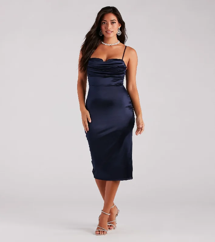 Feminine Chic Satin Cowl Neck Midi Dress