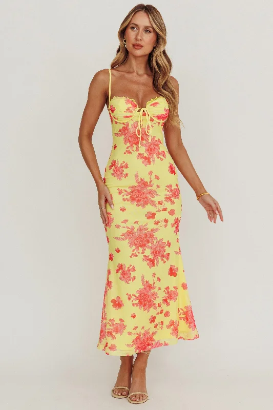 Fortune Mesh Floral Midi Dress Pink/Yellow