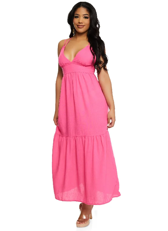 Haute Monde Linen Plunge Tiered Maxi Dress