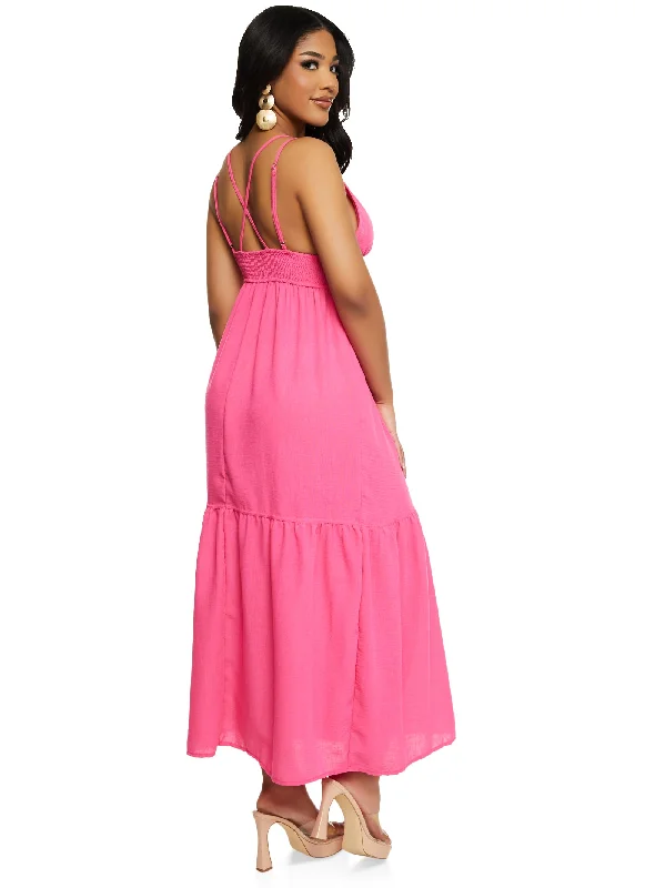 Haute Monde Linen Plunge Tiered Maxi Dress