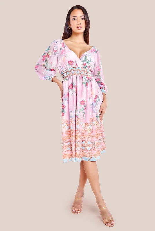 Goddiva Chiffon Wrap Border Floral Print Midi Dress