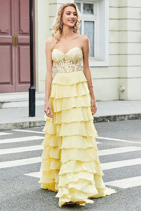 Gorgeous A Line Sweetheart Yellow Corset Prom Dress with Appliques Ruffles