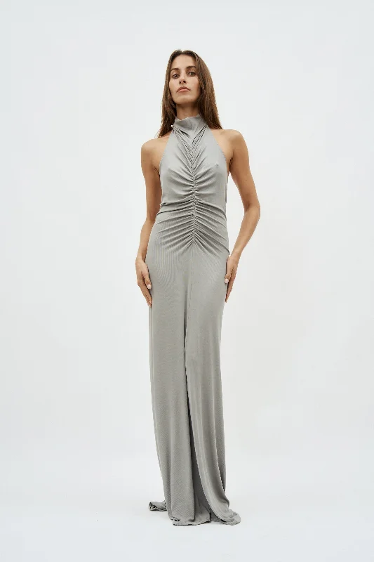 Halter Neck Front Ruched Grey Gown