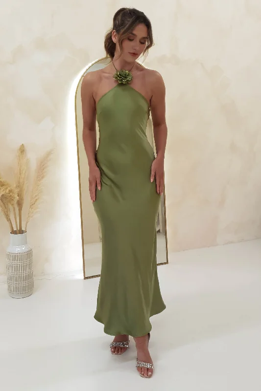 Heather Soft Satin Maxi Dress | Olive