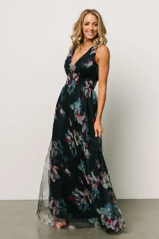 Kamila Tulle Maxi Dress | Navy Abstract Floral