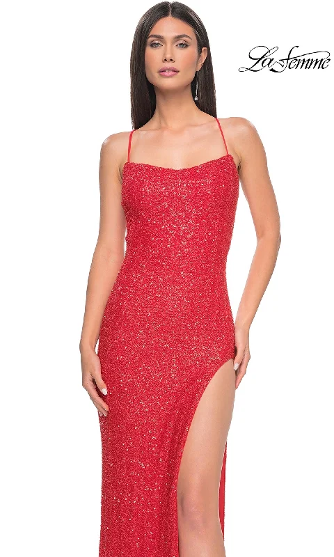 La Femme Hot Coral Long Beaded Prom Dress 31432