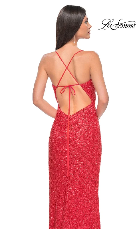 La Femme Hot Coral Long Beaded Prom Dress 31432