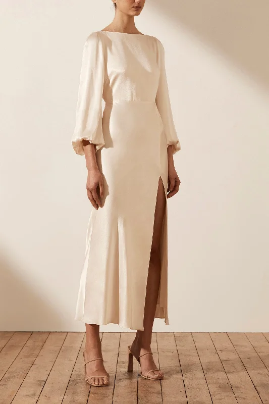 LA LUNE BALLOON SLEEVE BACKLESS MIDI DRESS - CREAM