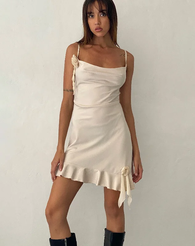 Litera Ruffle Rosette Mini Dress in Cream