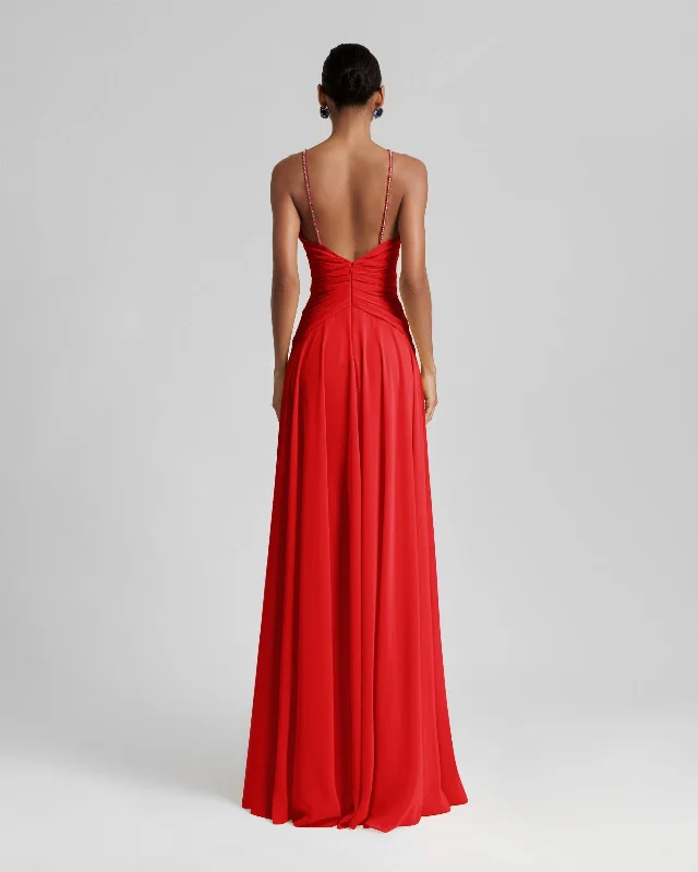 Long Red Dress With Drapings On The Waist