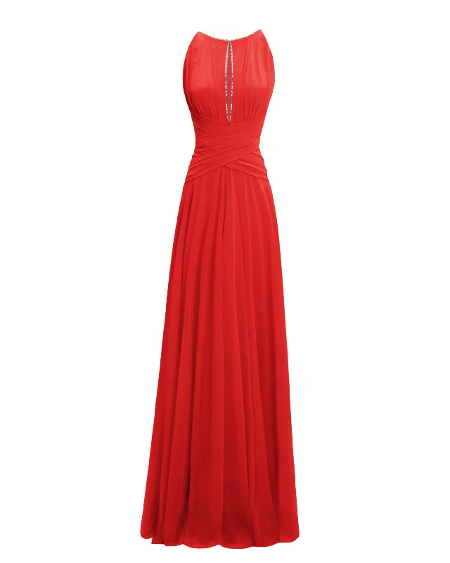 Long Red Dress With Drapings On The Waist