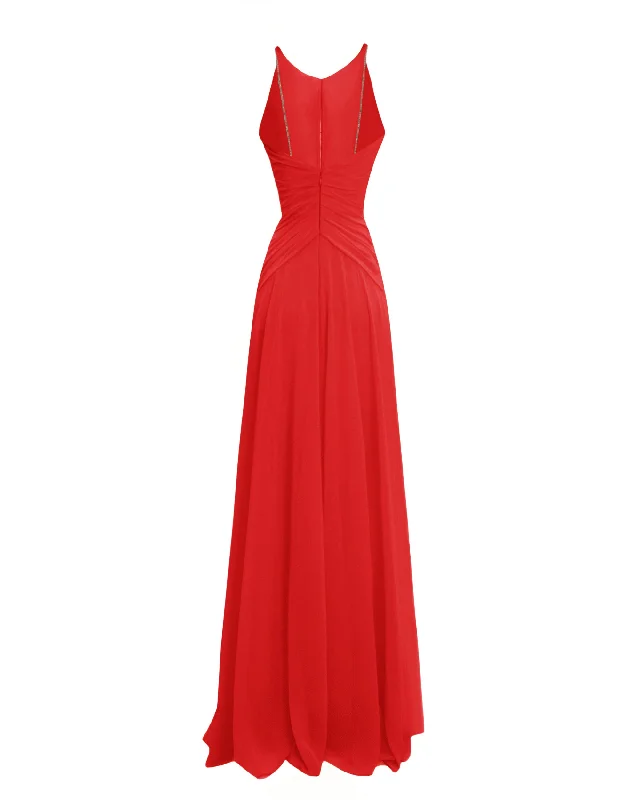 Long Red Dress With Drapings On The Waist