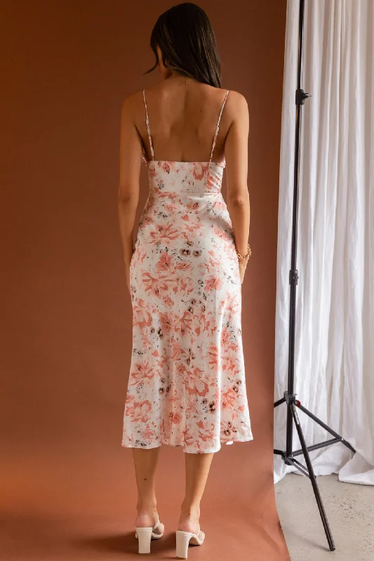 Malibu Gathered Bust Cami Strap Midi Dress Floral Pink