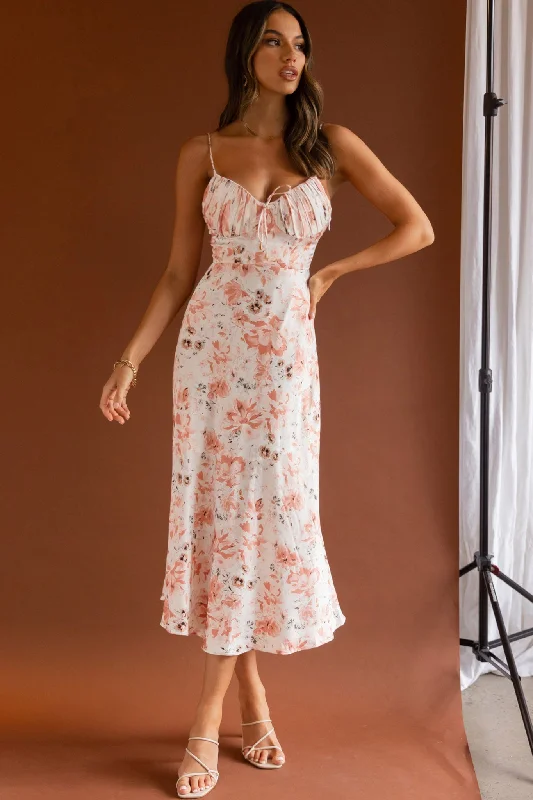 Malibu Gathered Bust Cami Strap Midi Dress Floral Pink