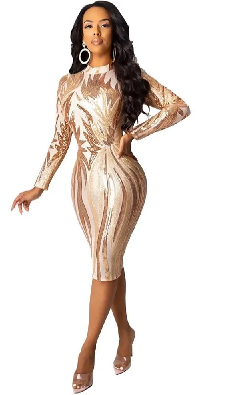 Mesh See Through Sequin Long Sleeve Bodycon Midi Dresses