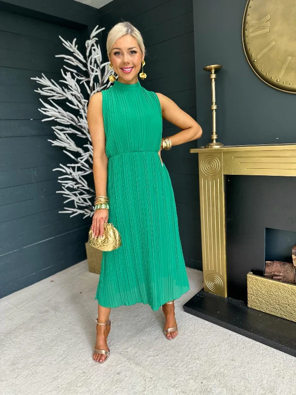 Muireann High Neck Pleated Midi Dress Emerald