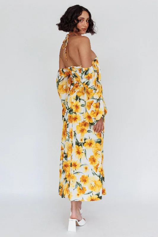 Nyree Long Sleeve Midi Dress Flowers Yellow