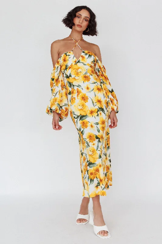 Nyree Long Sleeve Midi Dress Flowers Yellow