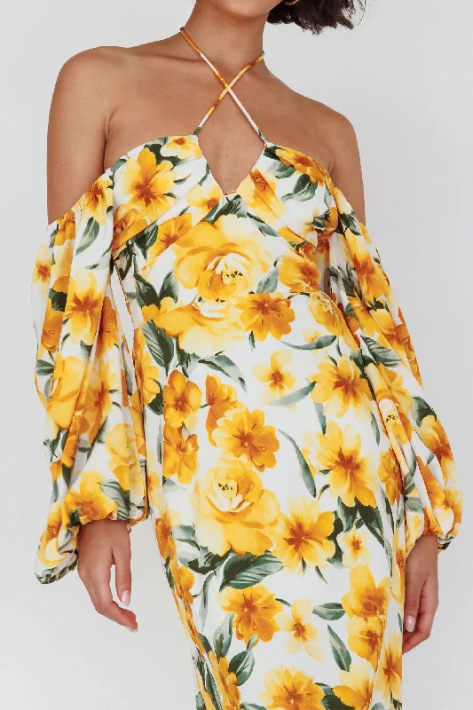 Nyree Long Sleeve Midi Dress Flowers Yellow