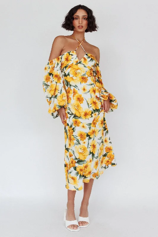 Nyree Long Sleeve Midi Dress Flowers Yellow