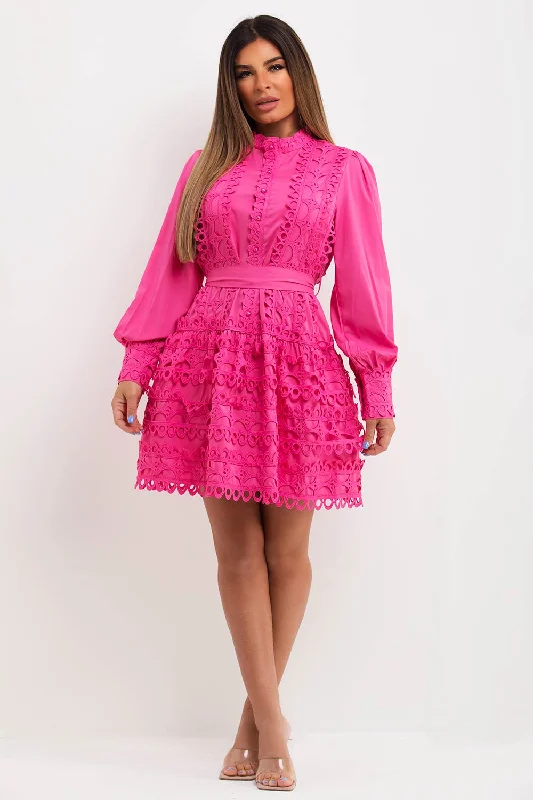 Pink Lace Crochet Dress With Waist Belt