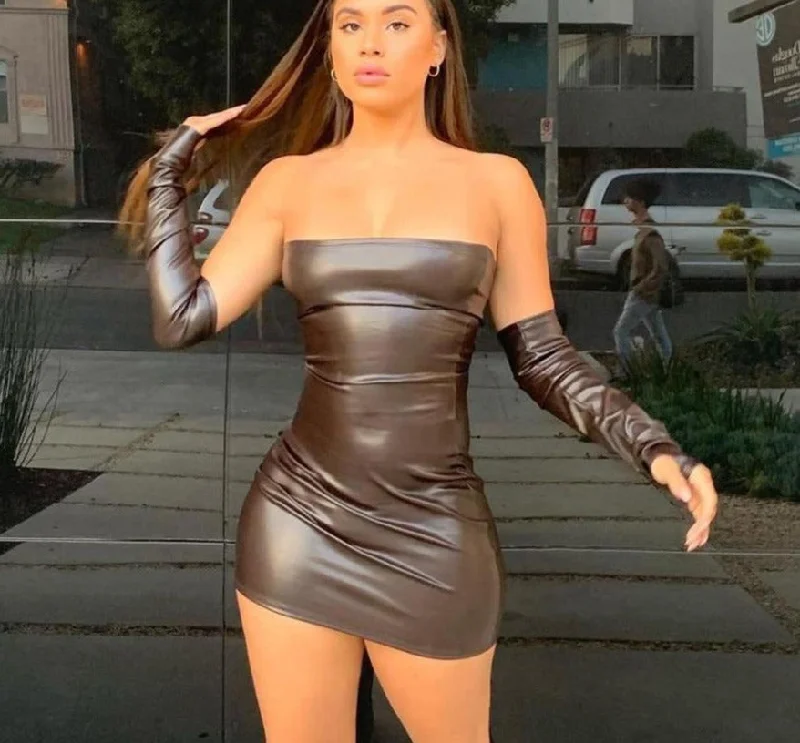 PU Leather Tube Mini Dresses with Gloves