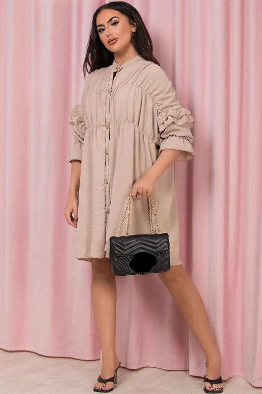 Ruched Button Front Smock Shirt Dress Stone