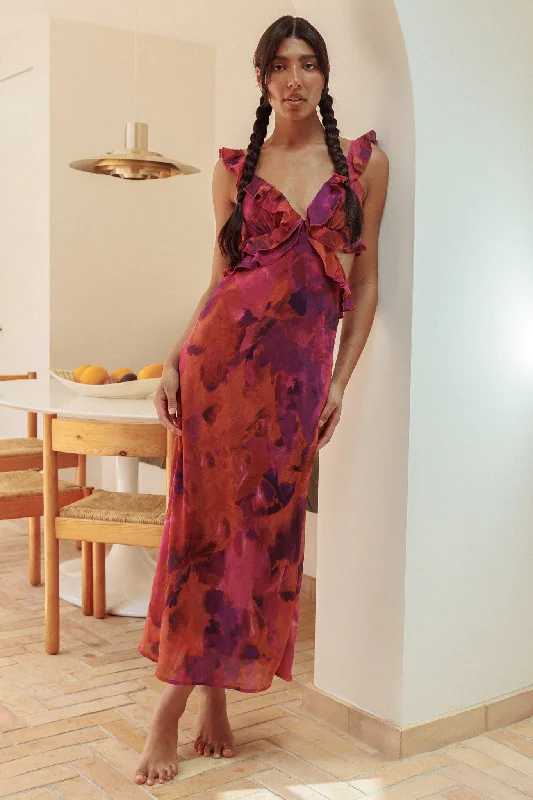 Second Chances Ruffle Trim Maxi Dress Flowers Dark Rose